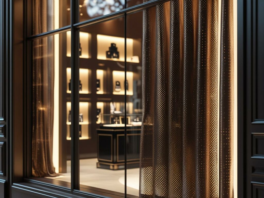 Boutique de luxe avec vitrine éclairée visible à travers un rideau métallique