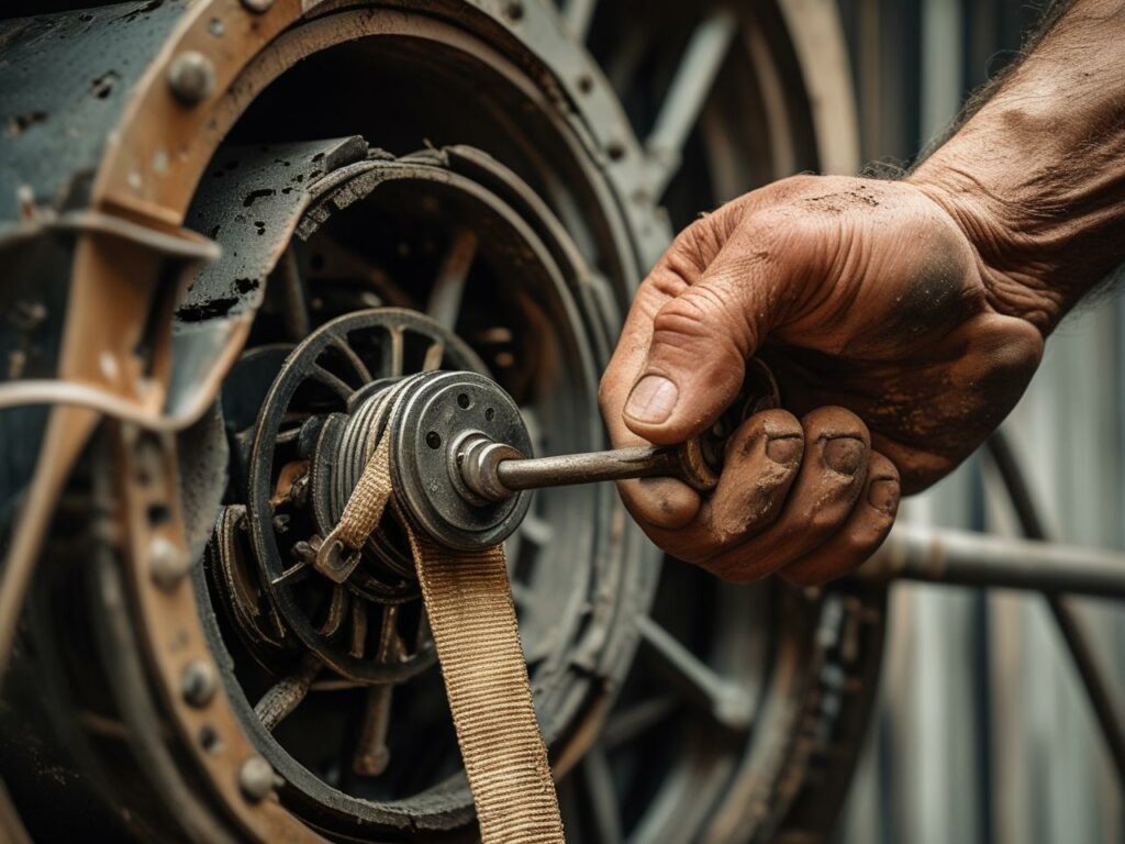 Main d’artisan manipulant une manivelle de volet roulant