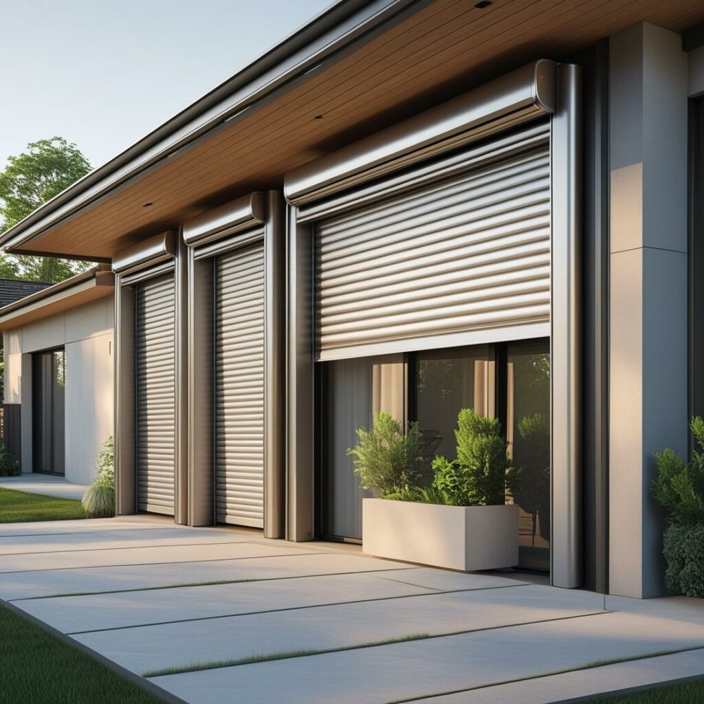 Maison contemporaine avec volets roulants en aluminium motorisés fermés